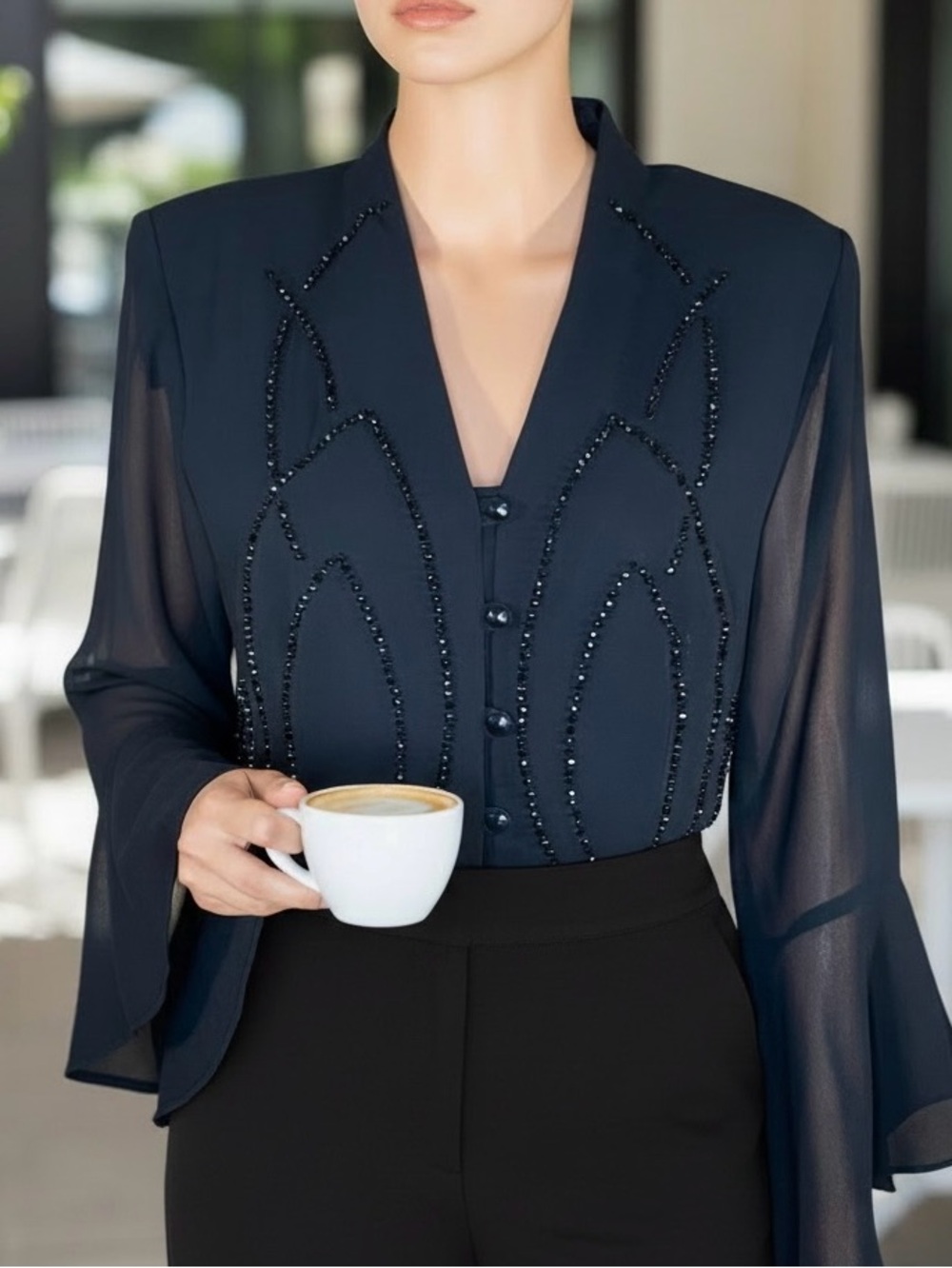 J.R Nites By Caliendo Black Jeweled Blouse Sheer Sleeves Witchy Dark Fairy SZ 6